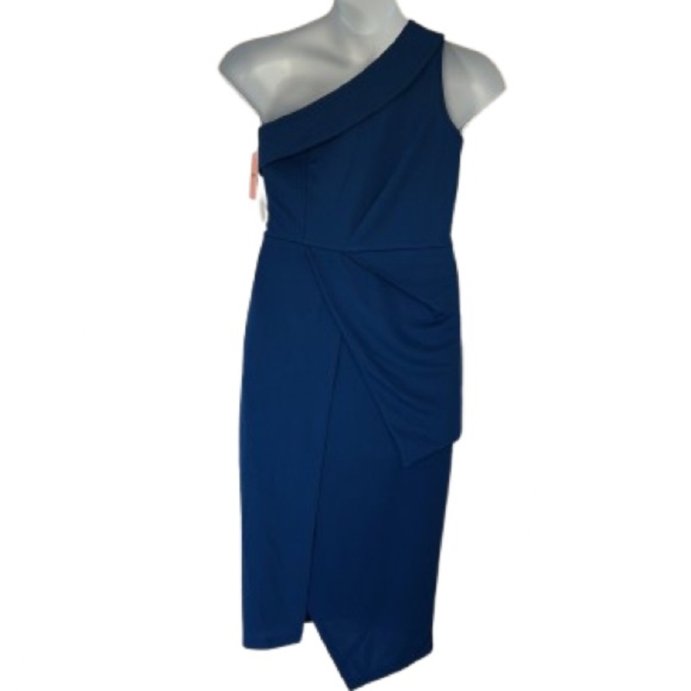 JJs House Pleated One Shoulder Sheath/Column Asymmetrical Cocktail Dress Blue